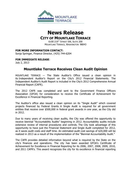 Mountlake Terrace Receives Clean Audit Opinion - City of ...