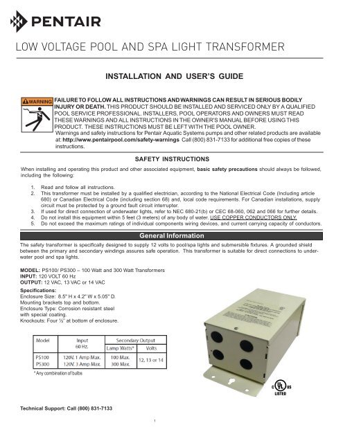 LOW VOLTAGE POOL AND SPA LIGHT TRANSFORMER - Pentair