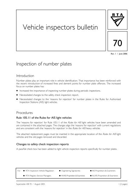 Inspection of number plates (June 2006) - RTA