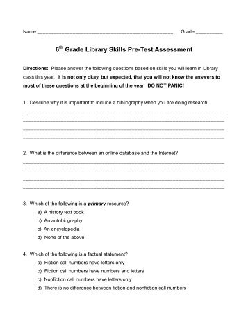 6 Grade Library Skills Pre-Test Assessment