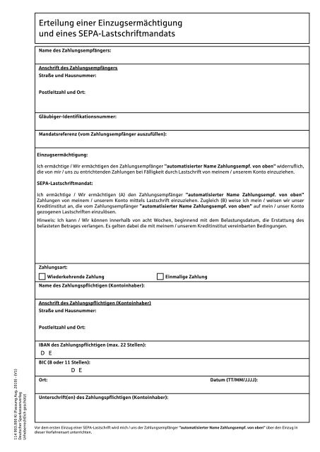 Erteilung einer Einzugsermächtigung und eines SEPA ...