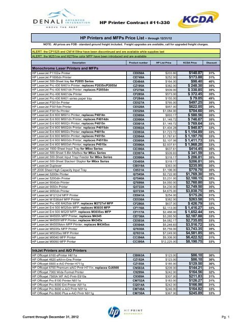 HP Printers and MFPs Price List - through 12/31/12 - KCDA