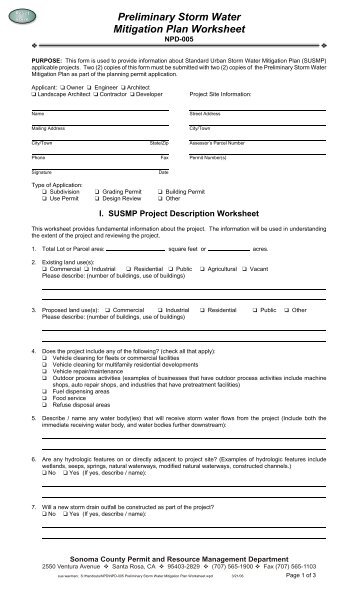 Preliminary Storm Water Mitigation Plan Worksheet - Sonoma County