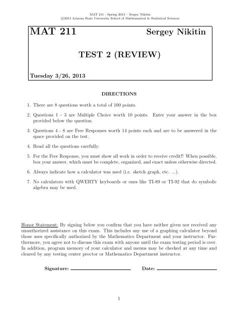 Review Of Test 2 Arizona State University