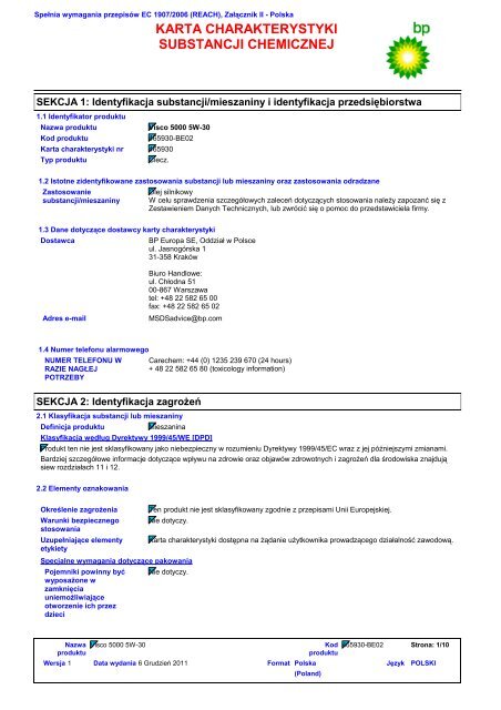 KARTA CHARAKTERYSTYKI SUBSTANCJI CHEMICZNEJ