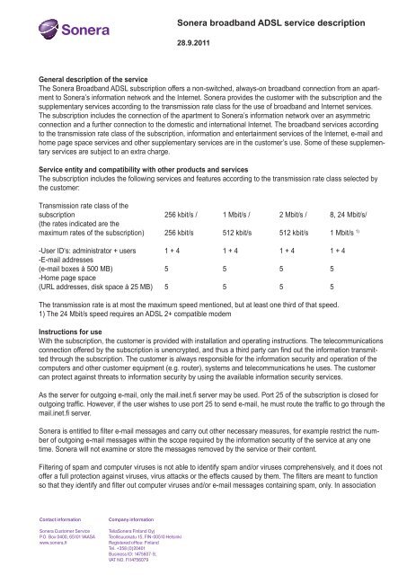 Sonera broadband ADSL service description