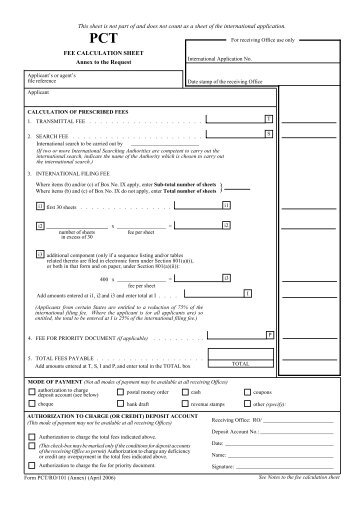 FEE CALCULATION SHEET Annex to the Request