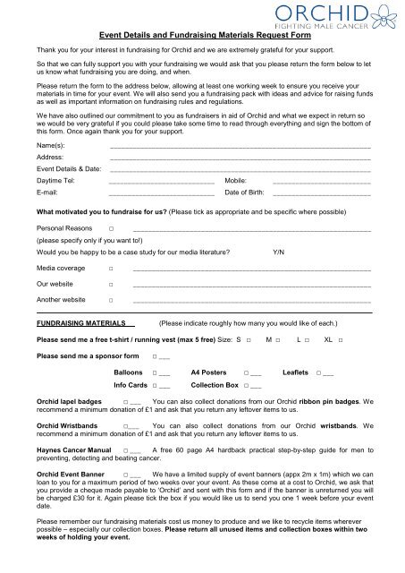 Event Collection Form Event Details and Fundraising Materials Request Form - Orchid