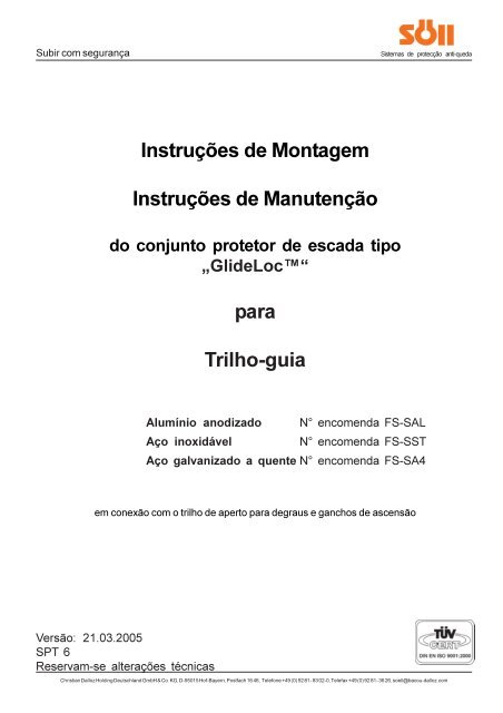 Instruções de Montagem Instruções de Manutenção para Trilho-guia