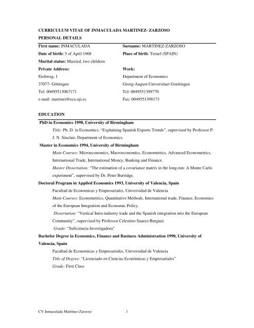 CURRICULUM VITAE OF INMACULADA MARTINEZ- ZARZOSO ...