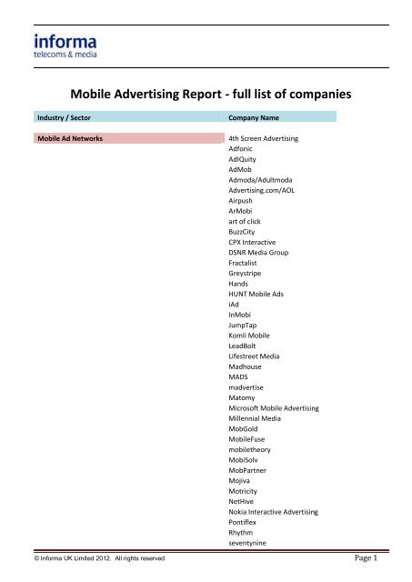 Mobile Advertising Report - full list of companies - Informa Telecoms ...