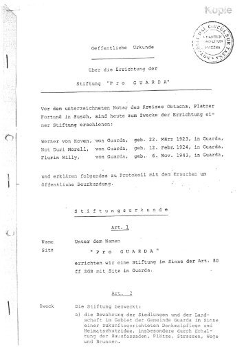 Errichtungsurkunde Stiftung Pro Guarda vom August 1980