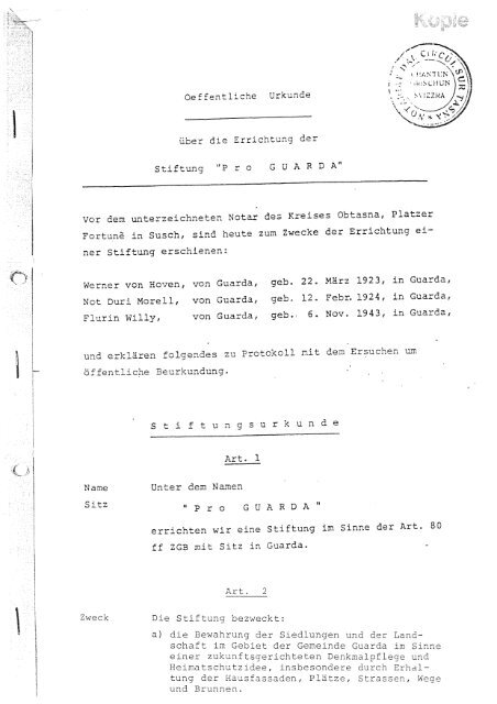 Errichtungsurkunde Stiftung Pro Guarda vom August 1980