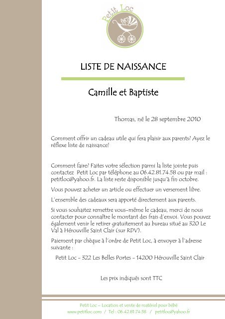 LISTE DE NAISSANCE Camille et Baptiste