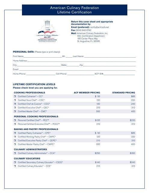 Lifetime Certification Application American Culinary Federation