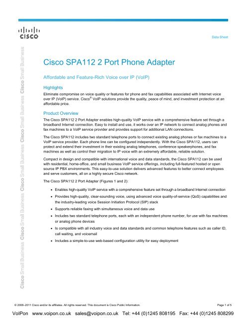 Cisco SPA112 Analog Adapter Datasheet (PDF) - VoIPon Solutions