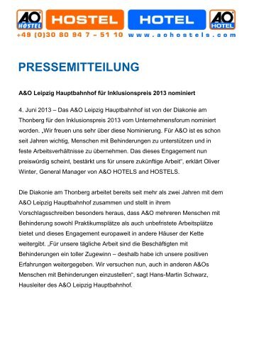 A&O Leipzig Hauptbahnhof für Inklusionspreis 2013 nominiert