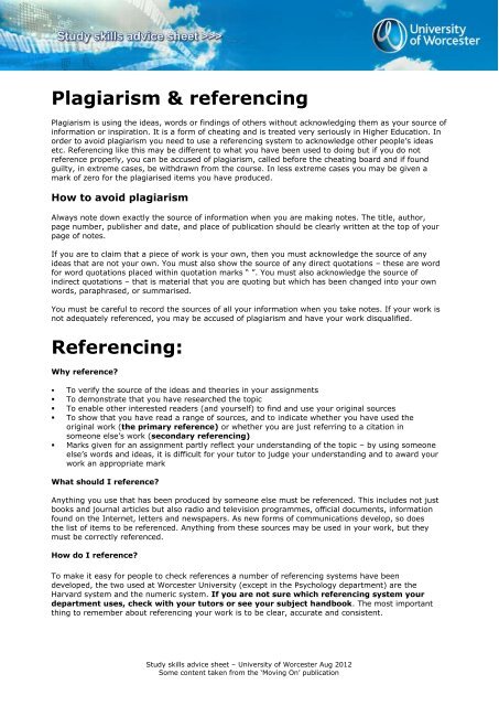 Plagiarism & referencing Referencing: - University of Worcester