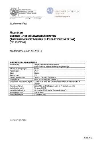 Studienmanifest (DM 270/2004) Akademisches Jahr 2012/2013