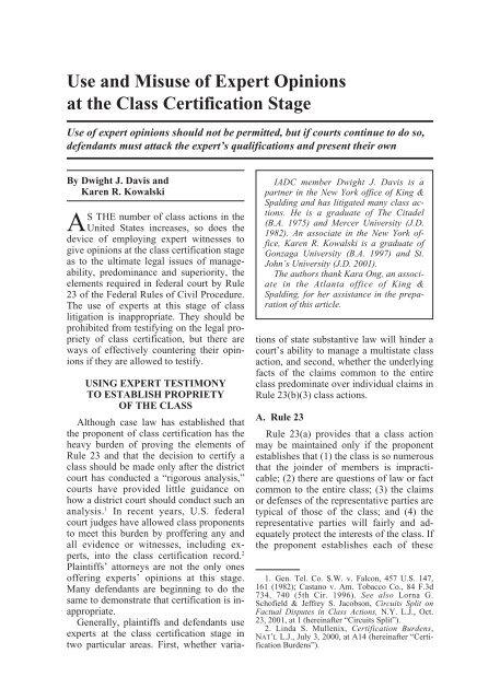 Use and Misuse of Expert Opinions at the Class ... - King & Spalding