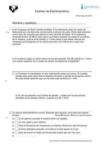 Examen de ElectroacÃºstica Nombre y apellidos ...