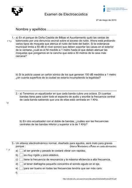 Examen de ElectroacÃºstica Nombre y apellidos ...