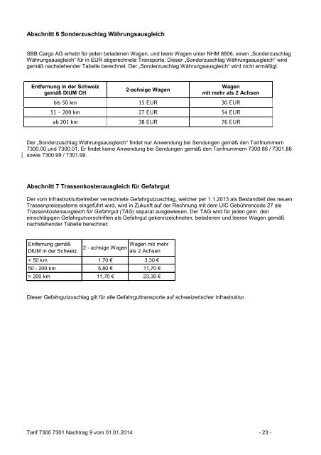 Besondere Beförderungsbedingungen mit Preisen und ... - SBB Cargo