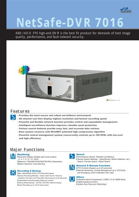 Major Functions NetSafe-DVR 7016 - SecureTech