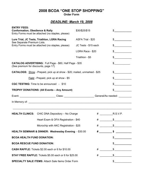 One Stop Shopping Form - Borzoi Club of America, Inc.