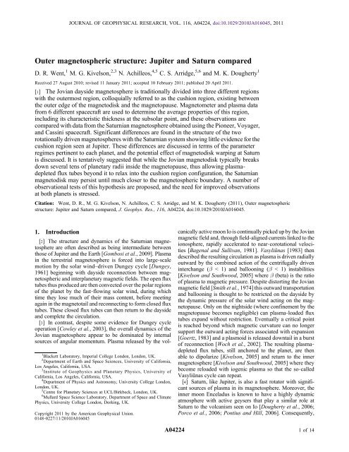 Outer magnetospheric structure: Jupiter and Saturn compared