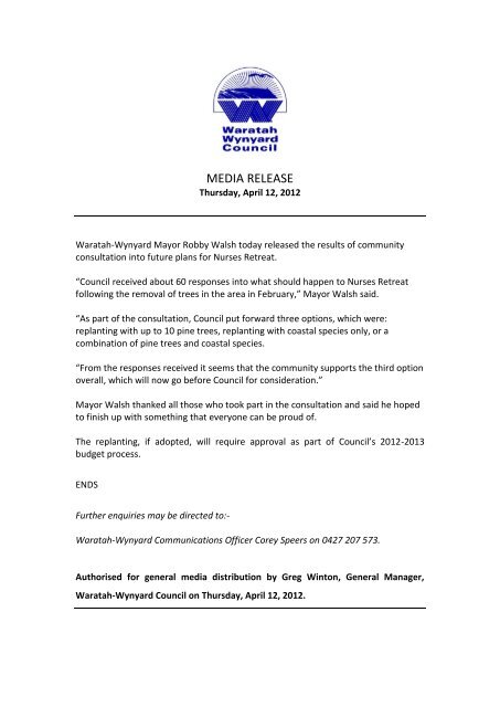 Media Release - Nurses Retreat - Waratah-Wynyard Council