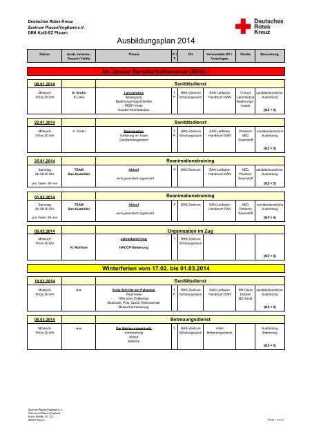 Ausbildungsplan 2014 - DRK Zentrum Plauen / Vogtland eV