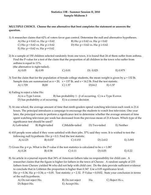 Statistics Sample Paper Sample Midterm3 - Statistics