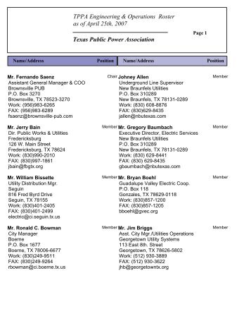 TPPA Engineering & Operations Roster as of April 25th, 2007