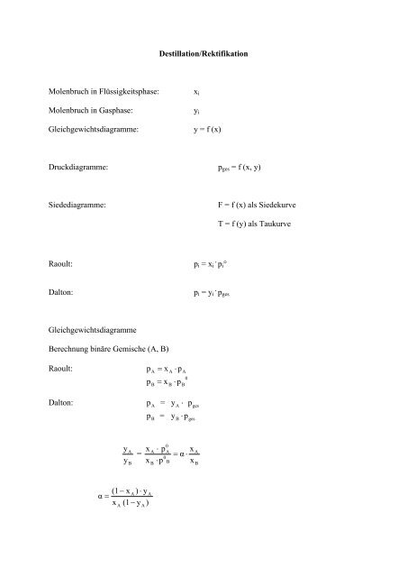 Skript Chemie-Diplom Grundoperationen Destillation mit Zeichnungen