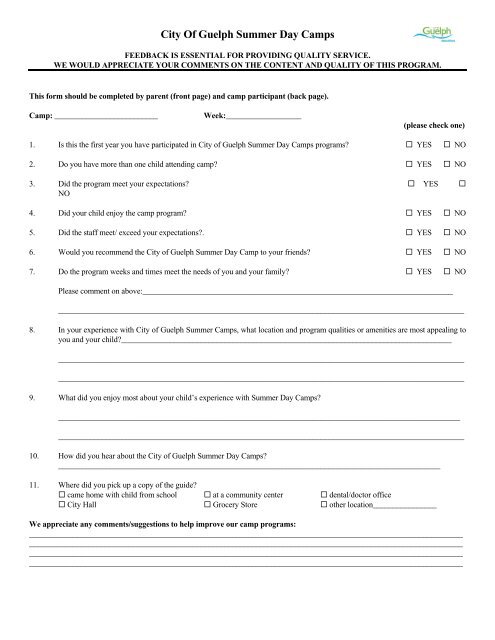 Camp Feedback Form - City of Guelph