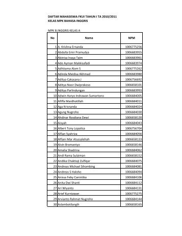 daftar nama mahasiswa kelas mpk bahasa inggris 2010 - Blog Staff UI
