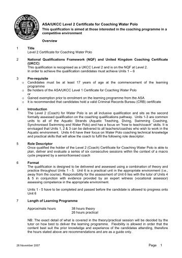 ASA/UKCC Level 2 Certificate for Coaching Water Polo