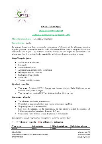 FICHE TECHNIQUE Huile Essentielle NIAOULI ... - COZY Belgique