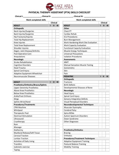 PHYSICAL THERAPY ASSISTANT (PTA) SKILLS CHECKLIST