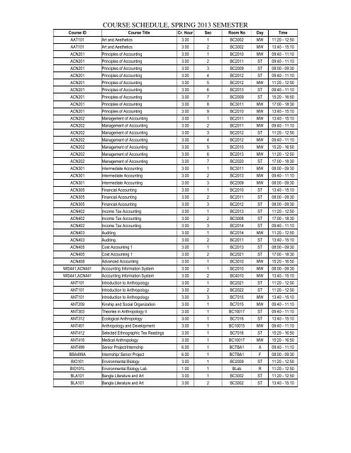 course schedule, spring 2013 - Independent University, Bangladesh