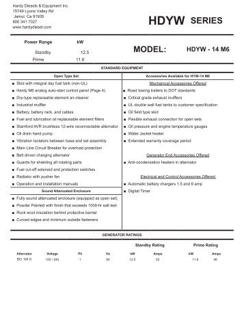 14 kW Yanmar Diesel generator single phase data sheet