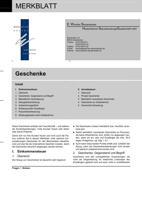 Merkblatt Geschenke - E. Wachter Steuerberater