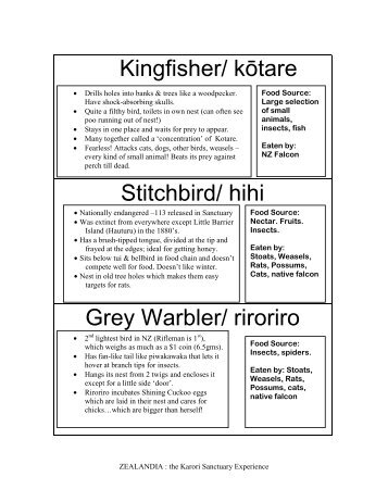 Species cards for food-web game - Zealandia