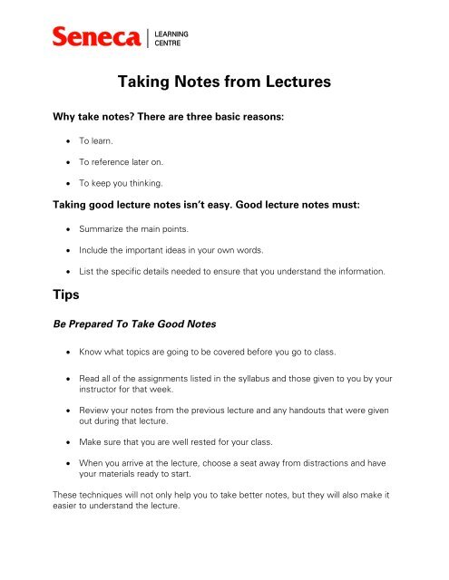 Taking Notes from Lectures - Seneca College