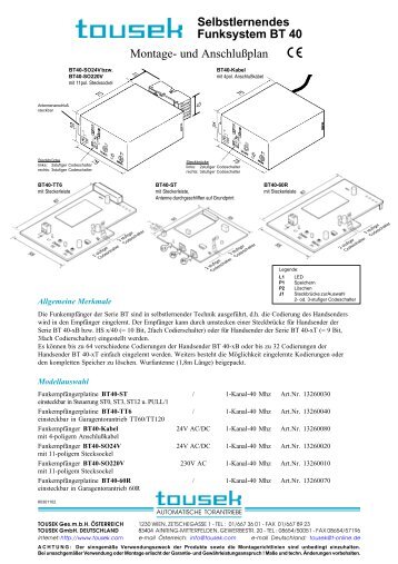 Selbstlernendes Funksystem BT 40 Montage- und AnschluÃplan