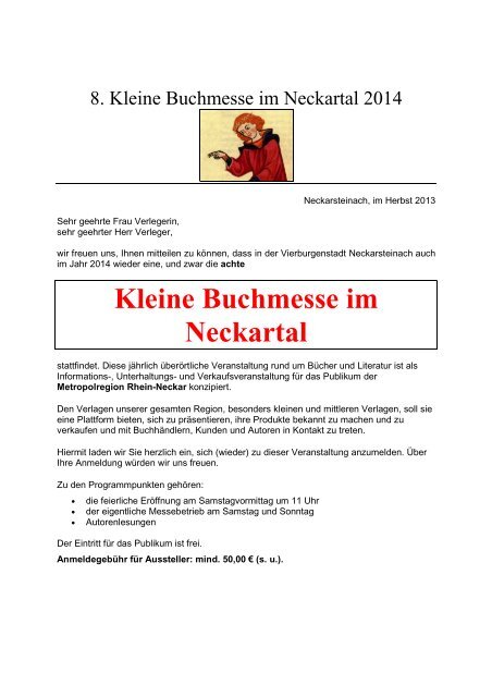 Buchmesse Anschreiben an Verlage - Neckarsteinach