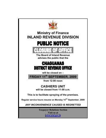 Closure of Office - Chaguanas DRO - Inland Revenue Division