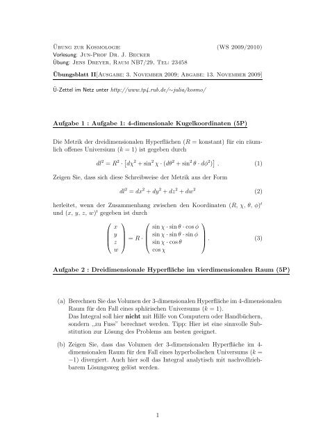 Aufgabe 1 : Aufgabe 1: 4-dimensionale Kugelkoordinaten (5P) Die ...