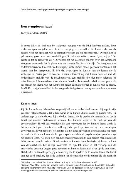 Een symptoom lezen - Psychoanalyse Lacan - Freud